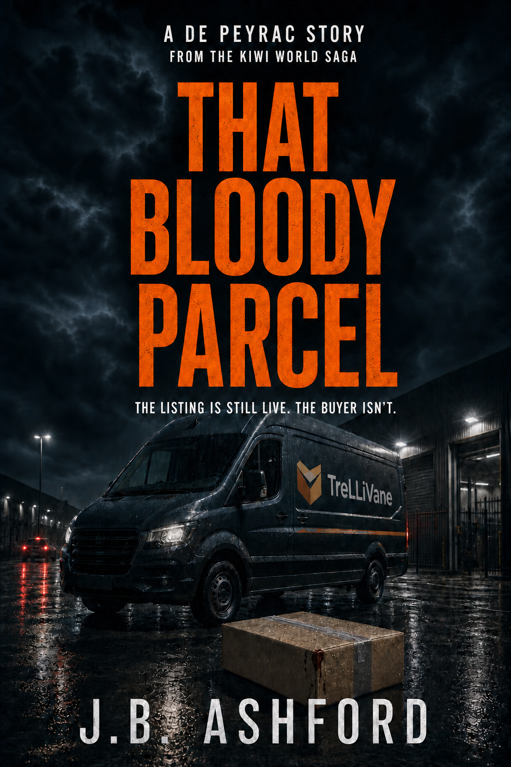 Front cover of That Bloody Parcel by J.B. Ashford, showing a fictional TreLLiVane delivery van at night